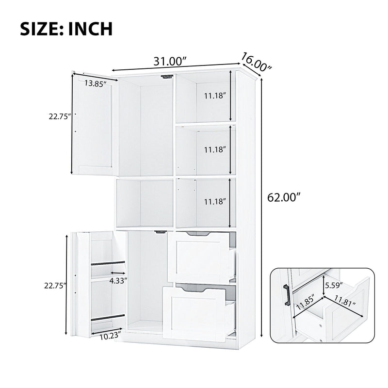 Freestanding Bathroom Storage Cabinet With Doors And Drawers, Adjustable Shelf, Open Shelves - White
