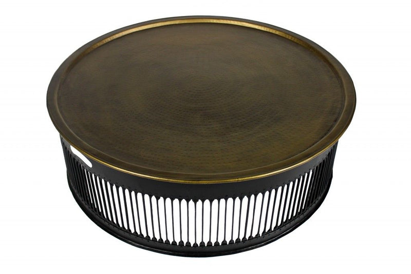 Round Drum Shaped Brass Coffee Table - Black