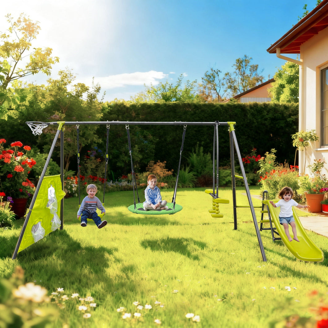 Interesting Six Function Swingset With Net Swing Metal Plastic Safe Swing Set 440Lbs For Outdoor Playground For Age 3+ With 31.5