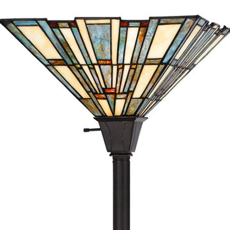 Torchiere Floor Lamp With Gray And Ivory Abstract Tiffany Glass Novelty Shade - Bronze