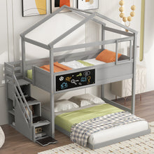 Load image into Gallery viewer, Twin over Full House Bunk Bed with Storage Staircase and Blackboard,Gray(Old SKU: GX001701AAE)
