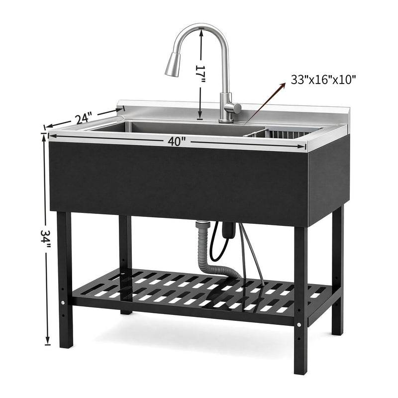 Freestanding Utility Sink With Pull Out Faucet And Large Storage Grille - Black / Silver