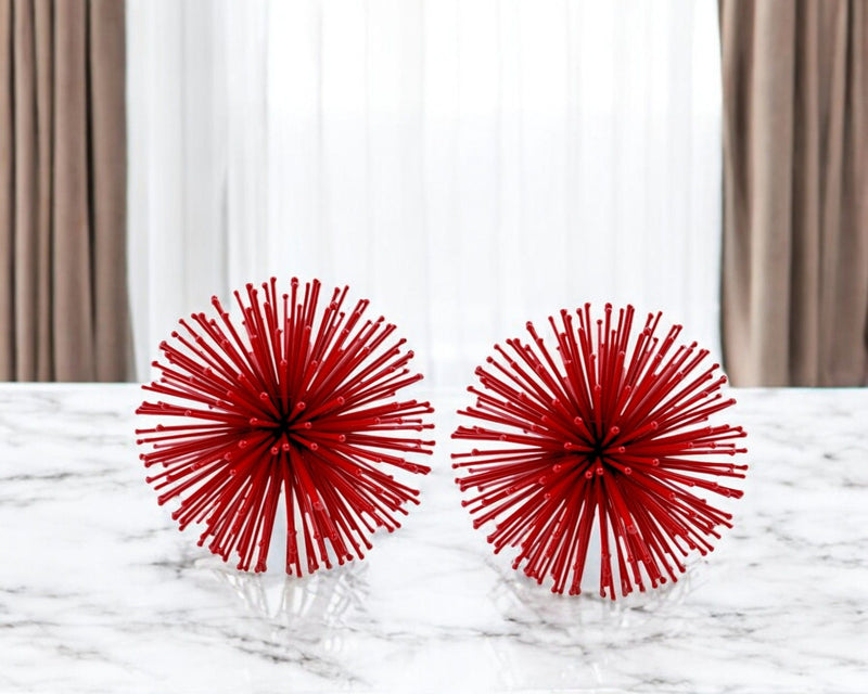 Decorative Spiky Sphere Tabletop Sculpture (Set of 2) - Red