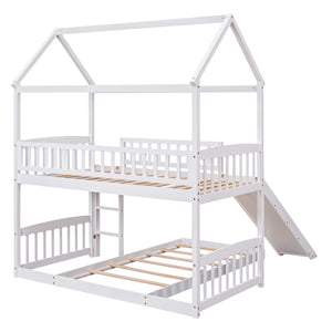 Twin Over Twin Bunk Bed with Slide, House Bed with Slide, White(OLD SKU: LT000214AAK)