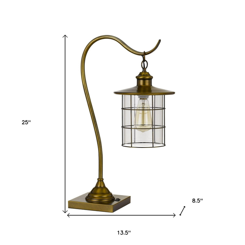 Metal Lantern Desk Table Lamp With Antiqued Brass Drum Shade - Antiqued Brass