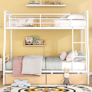 Full XL Over Queen Metal Bunk Bed with 2 Drawers, White