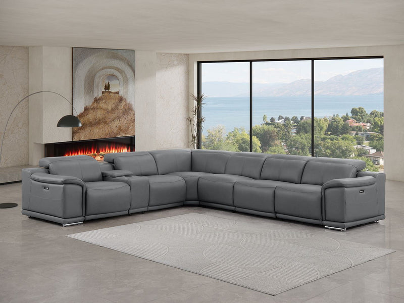 Leather Modular L-Shaped Seven Piece Corner Sectional With Console - Battleship Gray