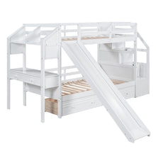 Load image into Gallery viewer, Twin over Twin Bunk Bed with Storage Staircase, Slide and Drawers, Desk with Drawers and Shelves, White
