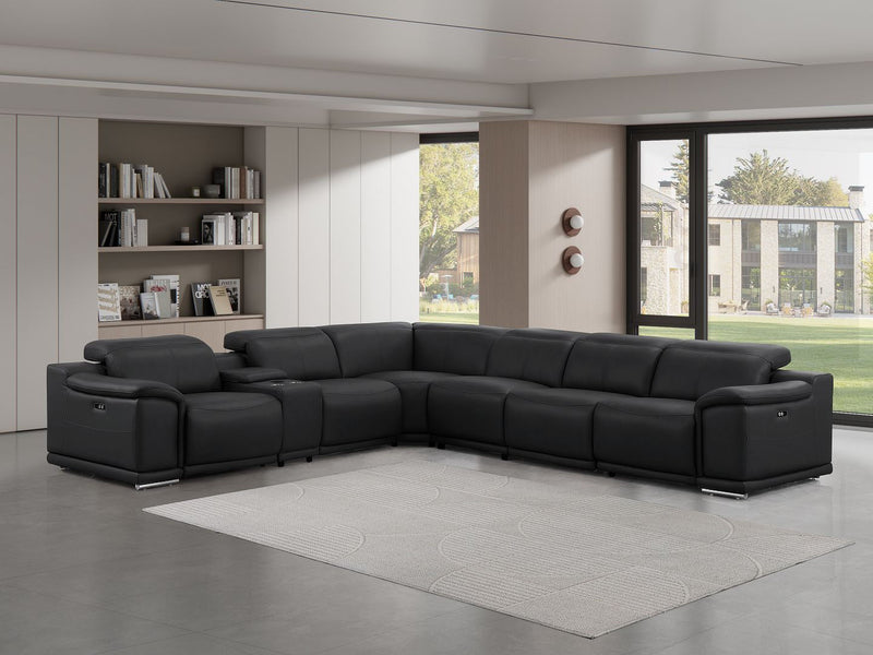 Leather Modular L-Shaped Seven Piece Corner Sectional With Console - Black