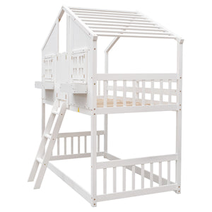 Twin over Twin House Bunk Bed with Roof , Window, Window  Box, Door , with Safety Guardrails and Ladder,White