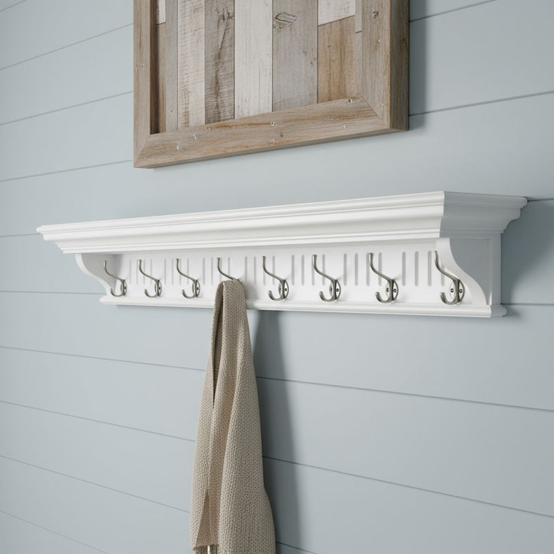 51" Solid Wood Eight Hook Wall Mount Coat Rack - White