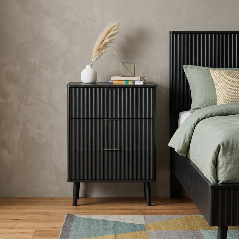 Wood Ribbed Texture Two Drawer Nightstand - Black