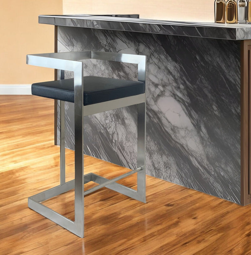 Faux Leather And Metal Low Back Counter Height Bar Chair - Black And Silver