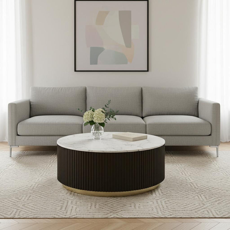 Faux Marble Solid Wood And Steel Round Drum Coffee Table - White / Espresso / Gold