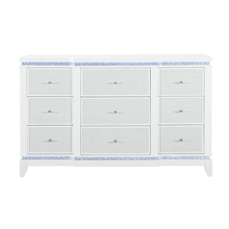 62" Faux Crystal Glitter Wood Lighted Nine Drawer Triple Dresser - White