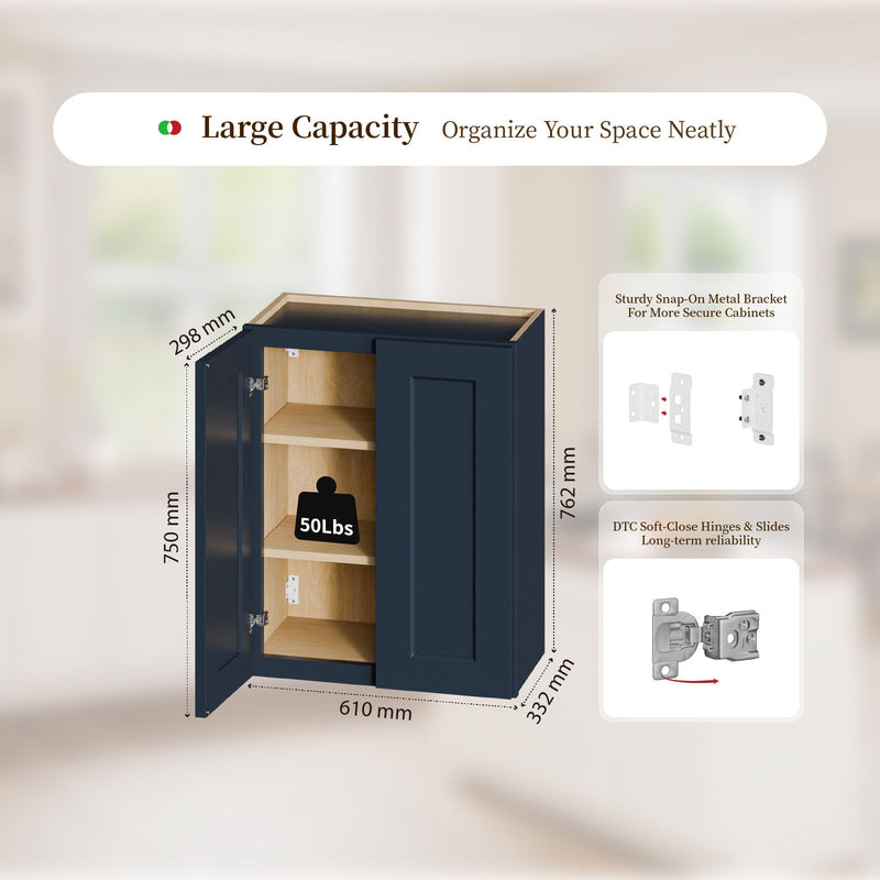 Shaker Wall Cabinet With Soft Close Hinges, Adjustable Shelves, Double Door