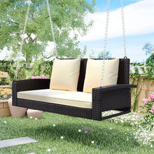 Load image into Gallery viewer, GO 2-Person Wicker Hanging Porch Swing with Chains, Cushion, Pillow, Rattan Swing Bench for Garden, Backyard, Pond. (Brown Wicker, Beige Cushion)

