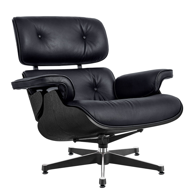 Tufted Genuine Leather Swivel Lounge Chair with Ottoman 35" - Black