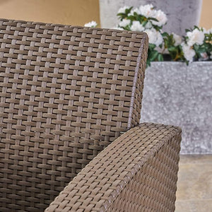 Outdoor Brown Faux Wicker Club Chairs with Mixed Beige Water Resistant Cushions