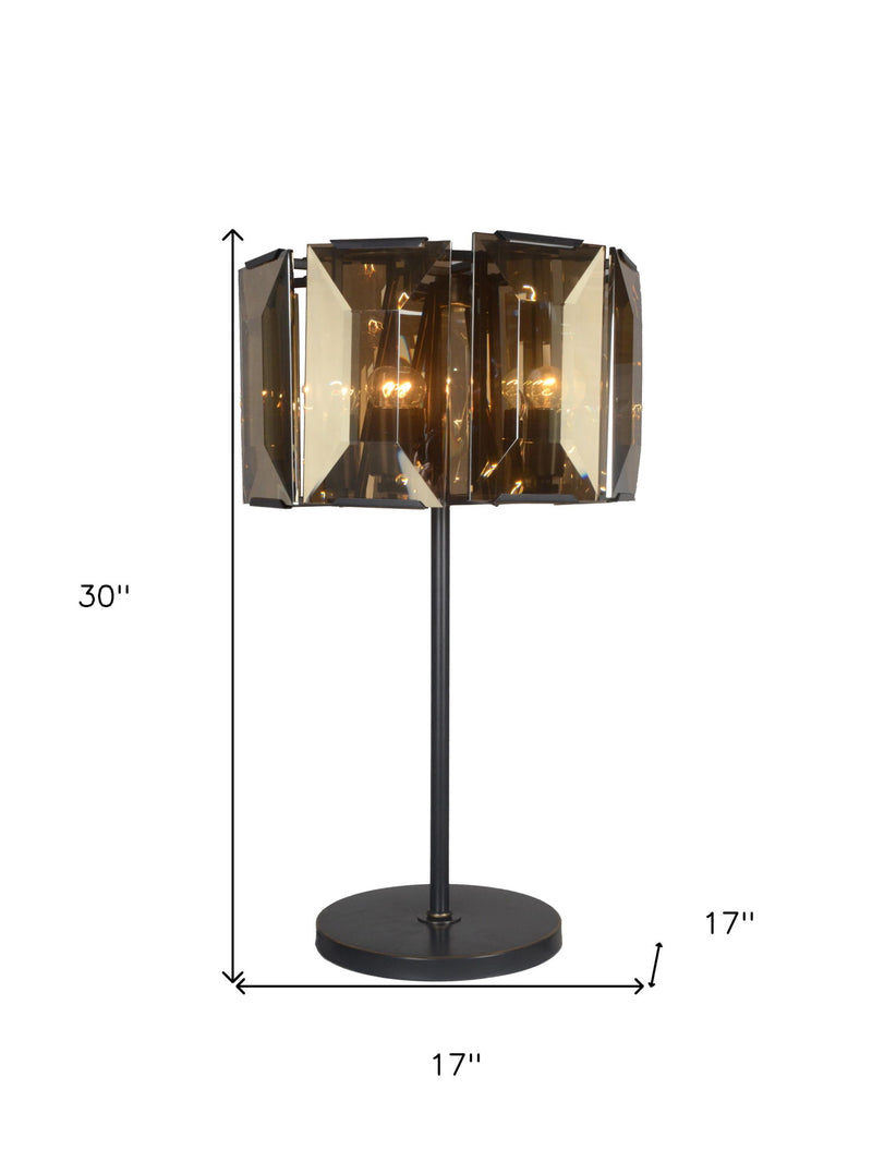 Metal Four Light Cylinder Bedside Table Lamp With Amber Round Shade - Bronze
