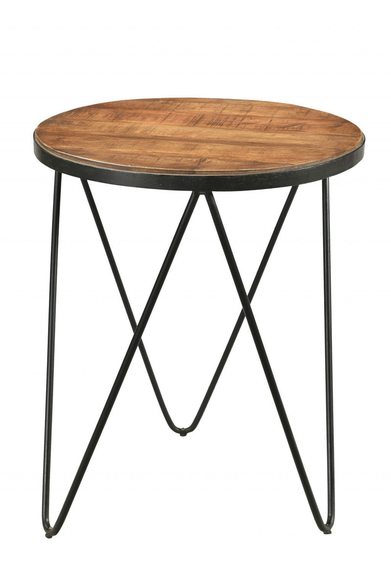 Solid Wood And Iron Round End Table - Black And Natural Brown