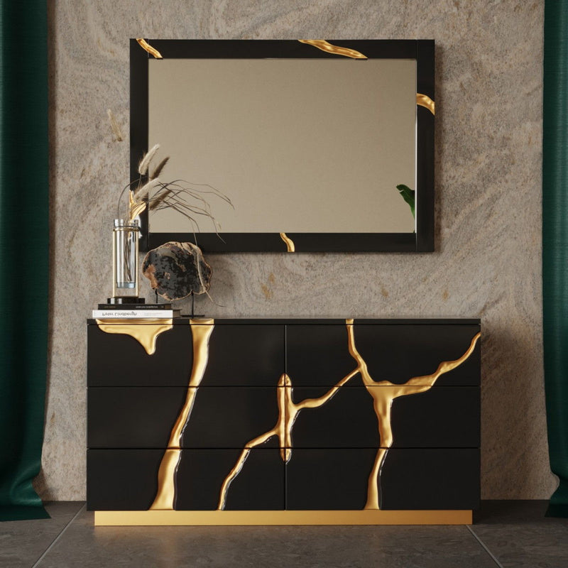 Wood Six Drawer Double Dresser - Black And Gold