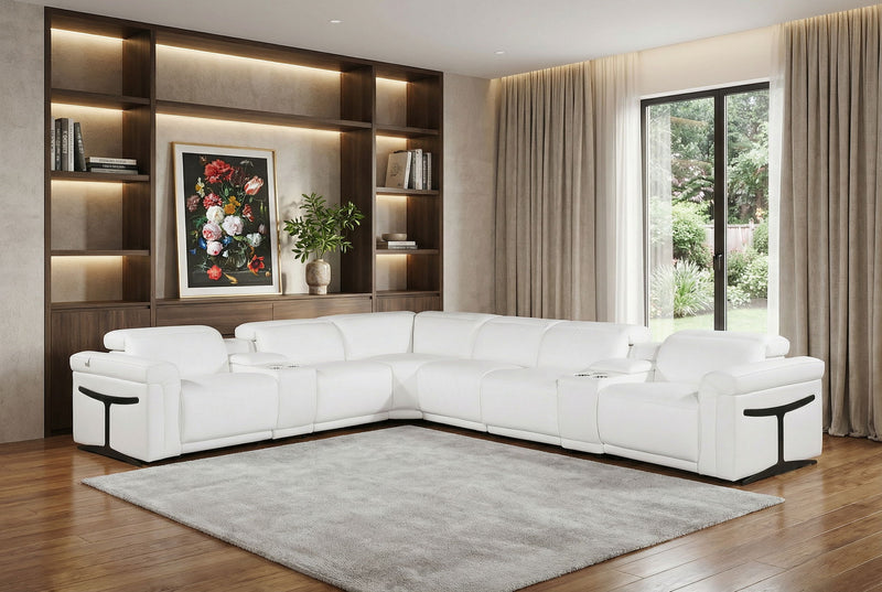 Italian Leather Modular L Shaped Eight Piece Corner Sectional With Console - White