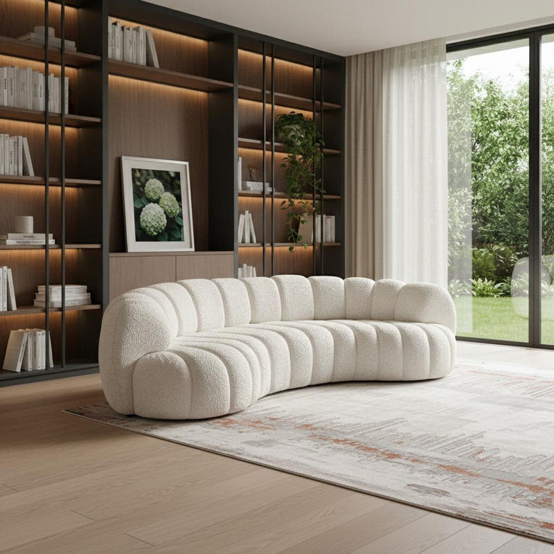 Chenille Curved Sofa With Toss Pillows - White