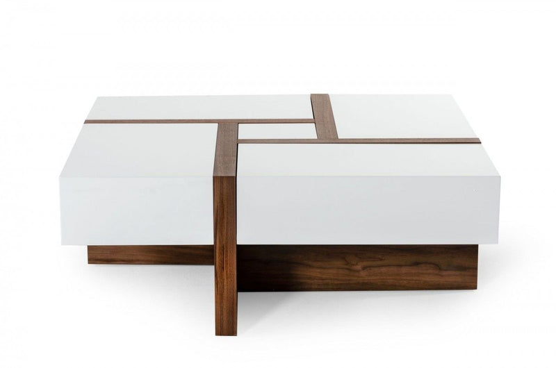 Modern Square Coffee Table With Storage - White And Walnut
