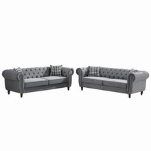 Load image into Gallery viewer, Chesterfield Upholstery Fabric Sofa With Roll Armrest &amp; Nailhead, Mid Century Modern 3 And 3 Seater Couch
