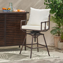 Load image into Gallery viewer, Industrial Outdoor Patio Plumber&#39;s Iron Frame Swivel Barstool With Cushions, Height Adjustable
