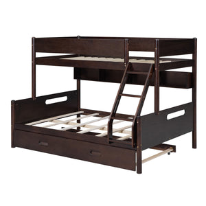 Wood Twin over Full Bunk Bed with Storage Shelves and Twin Size Trundle, Espresso