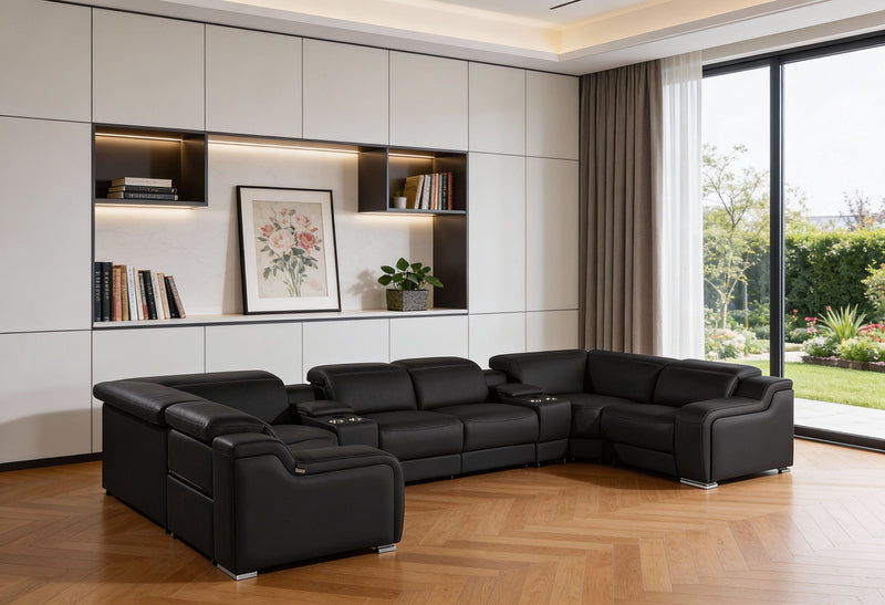 Italian Leather Power Reclining U-Shaped Eight Piece Corner Sectional With Console - Black