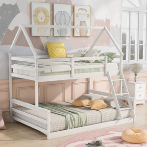 Twin over Full House Bunk Bed with Built-in Ladder,White