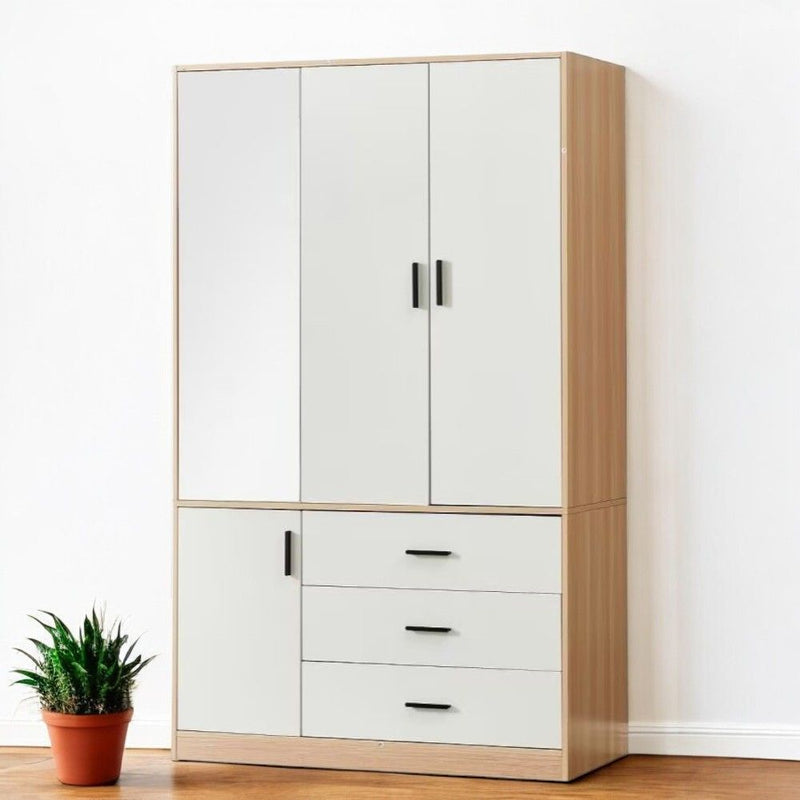 71" Mirro Three Door Three Drawer Combo Dresser - White And Natural