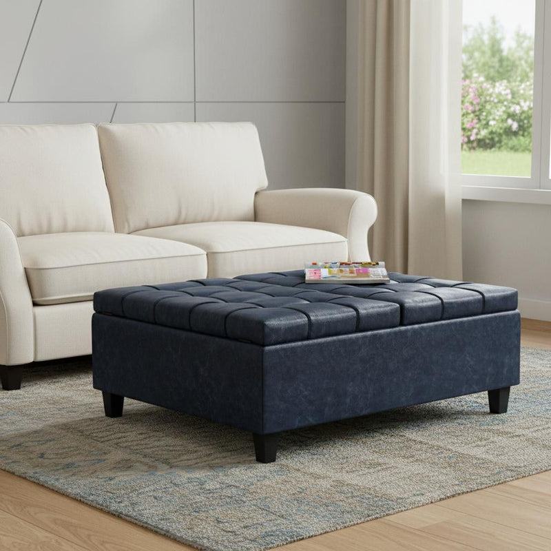 40" Leather Cocktail Ottoman With Storage - Blue / Black