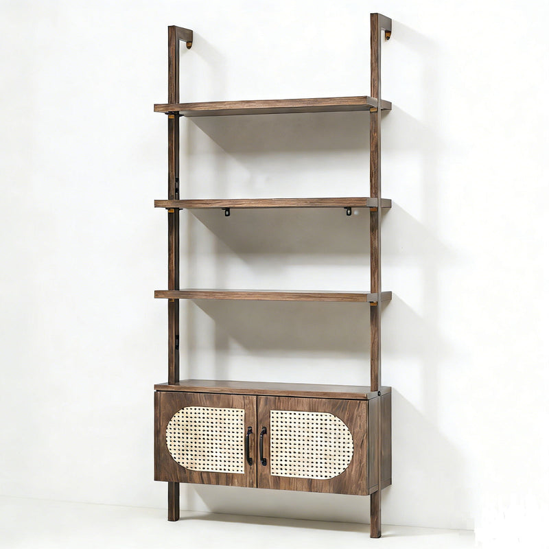 Adjustable Four Tier Etagere Bookcase With Two Doors - Light Brown