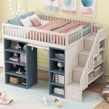 Load image into Gallery viewer, Full Size Loft Bed With 2 Four Layer Storage Cabinets And Curtain With Built In Staircase And Privacy Curtain - White
