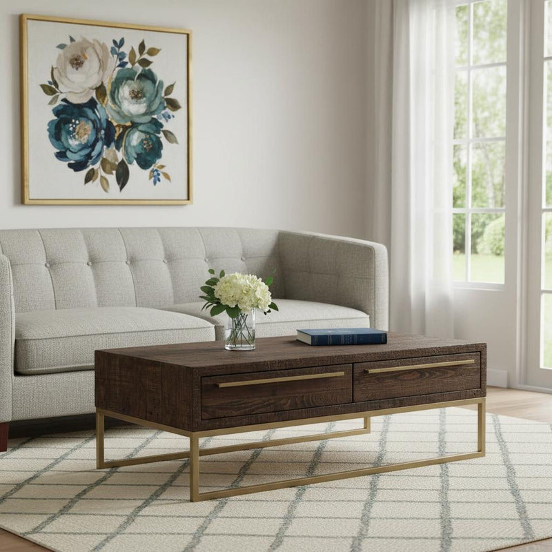 Metal Coffee Table With Drawer - Dark Brown And Gold