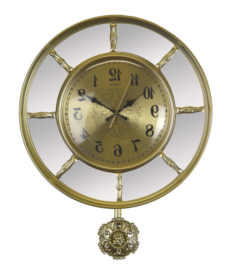 Mirrored Silent Pendulum Ornate Round Wall Clock - Gold / Silver