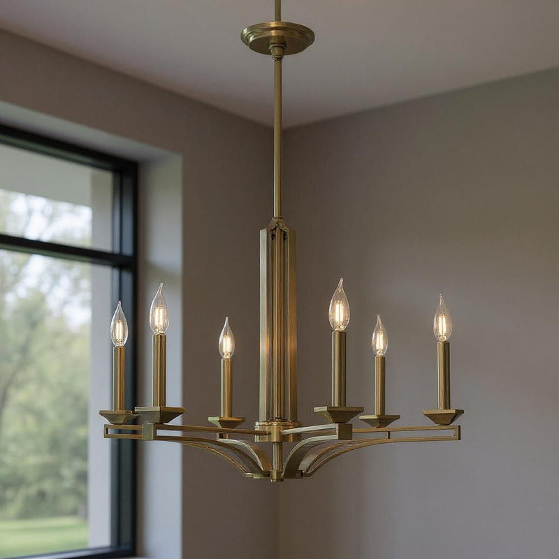 27'' Six Light Dimmable Chandelier With Shades - Antiqued Brass