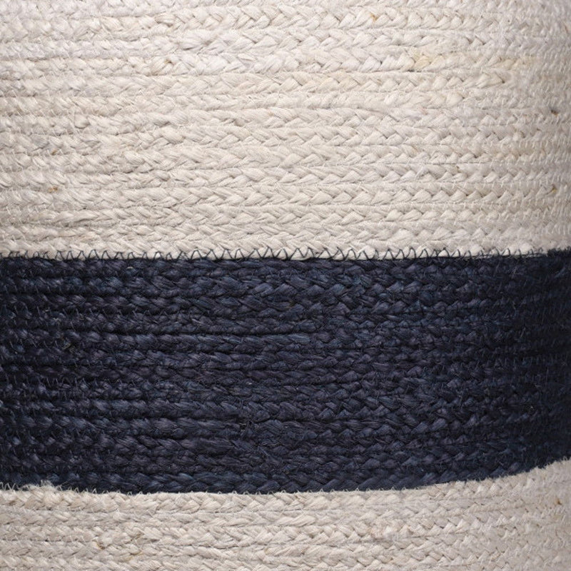 18" Jute Blend Cylinder Striped Pouf Ottoman - White And Navy Blue