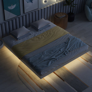 King Size Floating Bed with LED Lights Underneath,Modern King Size Low Profile Platform Bed with LED Lights,Grey