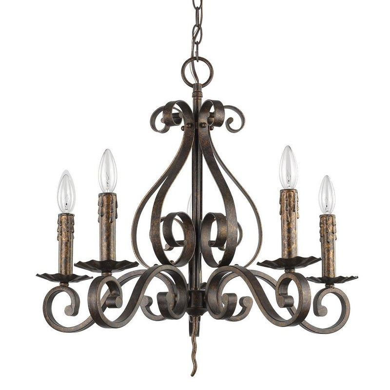 Candle Style Five Light Metal Dimmable Chandelier - Brown