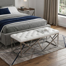 Load image into Gallery viewer, 48" White and Silver Tufted Faux Leather Upholstered Bench

