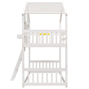 Twin over Twin House Bunk Bed with Roof , Window, Window  Box, Door , with Safety Guardrails and Ladder,White