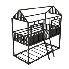 Load image into Gallery viewer, Twin over Twin Size Metal Low Bunk Beds with Roof and Fence-shaped Guardrail, Black
