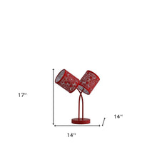 Load image into Gallery viewer, 17" Red Metal Two Light Table Lamp With Red Abstract Drum Shade
