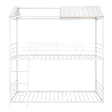 Load image into Gallery viewer, Twin Over Twin Bunk Bed Metal Bed with Half Roof, Guardrail and Ladder White
