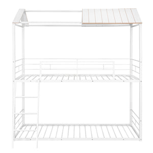 Twin Over Twin Bunk Bed Metal Bed with Half Roof, Guardrail and Ladder White